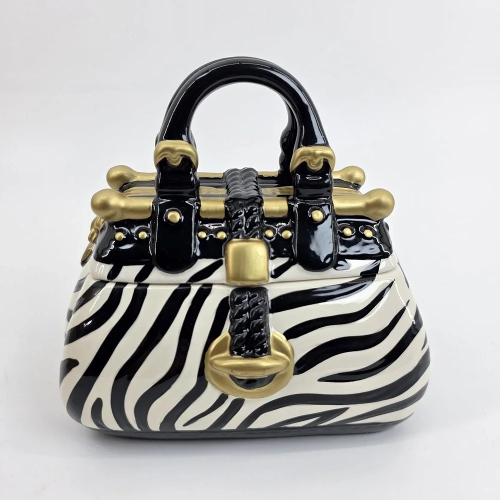 David's Cookies Jar Zebra Print Handbag Black White Gold Cookie Jar Vtg New
